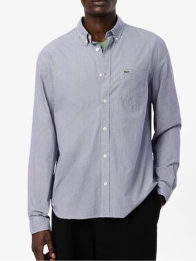 Lacoste Men's Regular Fit Gingham Poplin Shirt White Navy Blue- Size L